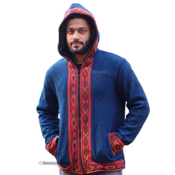 Himachali Jacket with Fleece - Pahadi Zipper Hoodie - Blue - Image 3