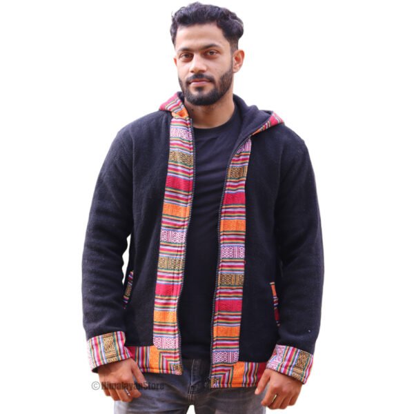 Himachali Jacket with Fleece - Pahadi Zipper Hoodie -  Black - Image 3