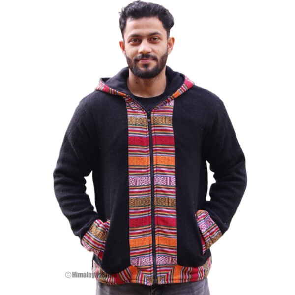 Himachali Jacket with Fleece - Pahadi Zipper Hoodie -  Black - Image 5