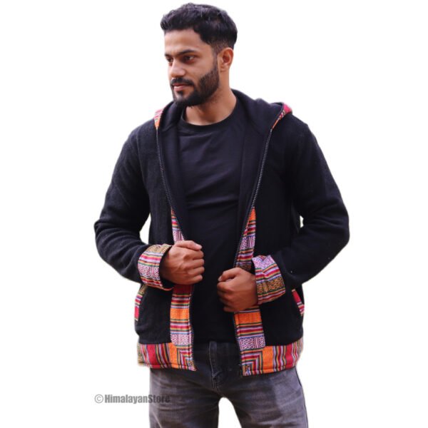 Himachali Jacket with Fleece - Pahadi Zipper Hoodie -  Black - Image 7