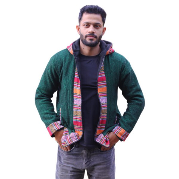 Himachali Jacket with Fleece - Pahadi Zipper Hoodie -  Green - Image 3