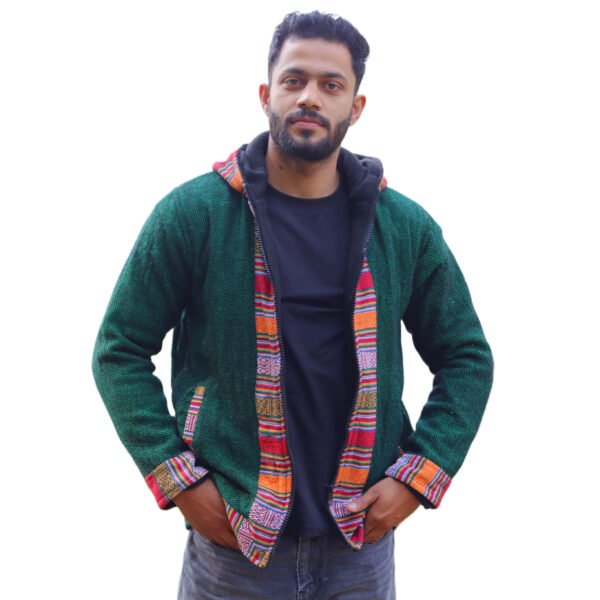 Himachali Jacket with Fleece - Pahadi Zipper Hoodie -  Green - Image 6