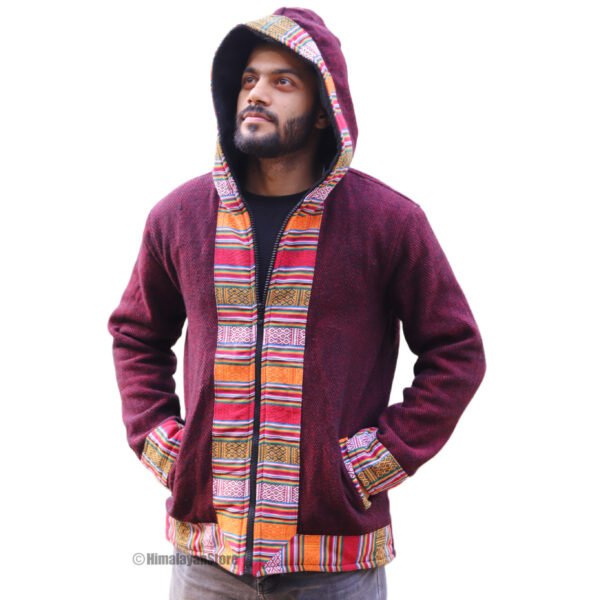 Himachali Jacket with FUR - Pahadi Zipper Hoodie - Maroon - Image 3