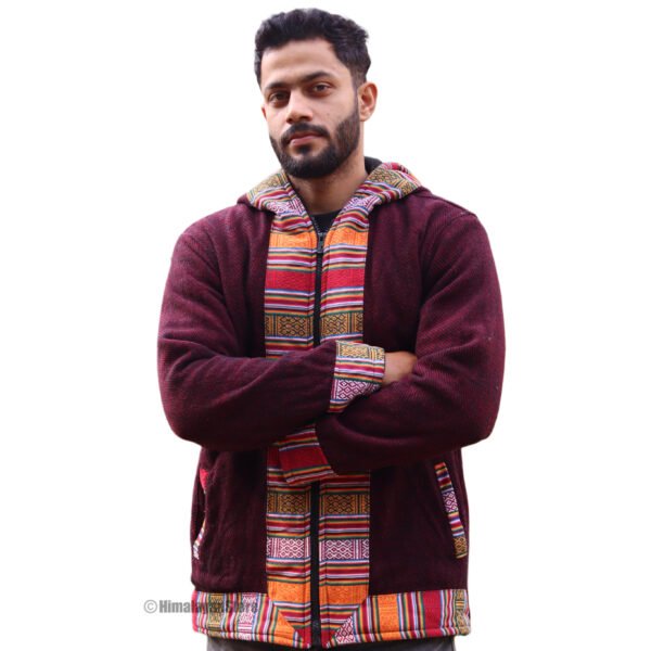 Himachali Jacket with FUR - Pahadi Zipper Hoodie - Maroon - Image 4