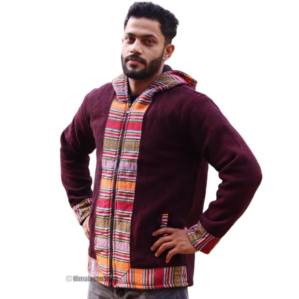 Himachali Jacket with FUR - Pahadi Zipper Hoodie - Maroon - Image 5