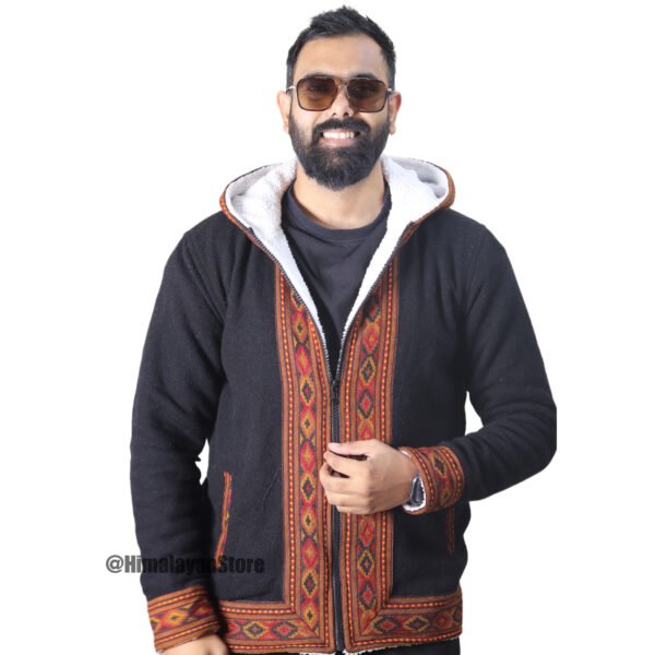 Himachali Jacket with FUR - Pahadi Zipper Hoodie - Black - Image 5