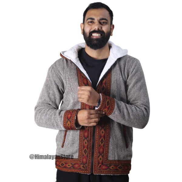 Himachali Jacket with FUR - Pahadi Zipper Hoodie - Light Grey - Image 6