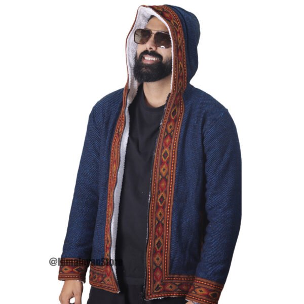 Himachali Jacket with FUR - Pahadi Zipper Hoodie - Blue - Image 3