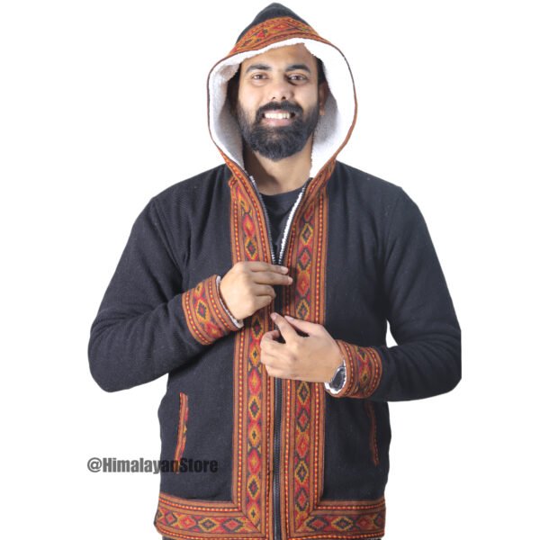 Himachali Jacket with FUR - Pahadi Zipper Hoodie - Black - Image 3