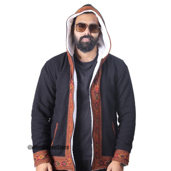 Himachali Jacket with FUR - Pahadi Zipper Hoodie - Black - Image 7