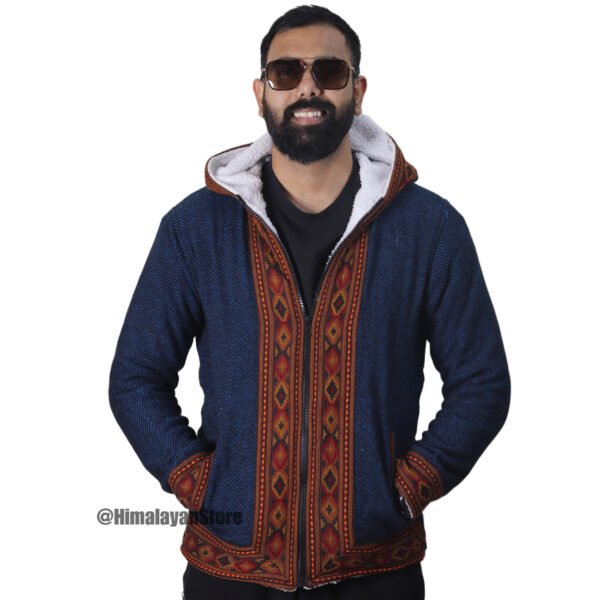 Himachali Jacket with FUR - Pahadi Zipper Hoodie - Blue - Image 4
