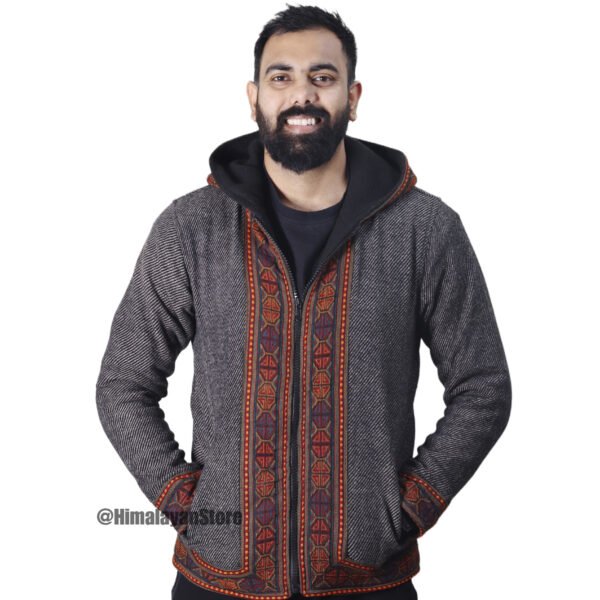 Himachali Jacket with FLEECE - Pahadi Zipper Hoodie - Dark Grey - Image 6