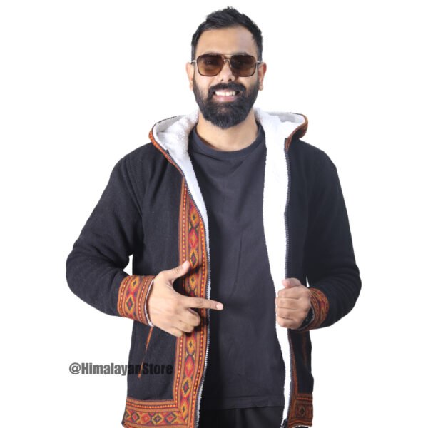 Himachali Jacket with FUR - Pahadi Zipper Hoodie - Black - Image 4
