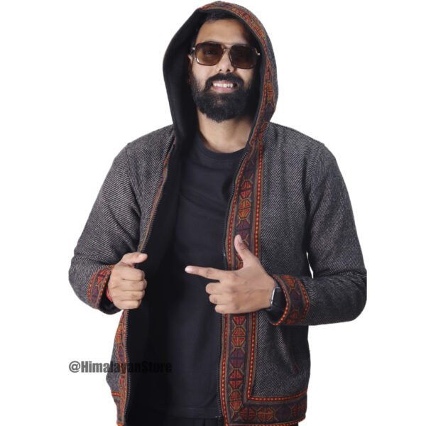 Himachali Jacket with FLEECE - Pahadi Zipper Hoodie - Dark Grey - Image 3