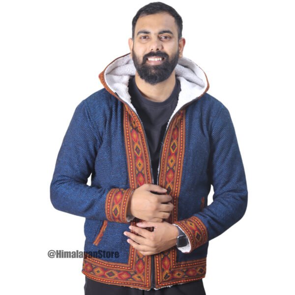 Himachali Jacket with FUR - Pahadi Zipper Hoodie - Blue - Image 6