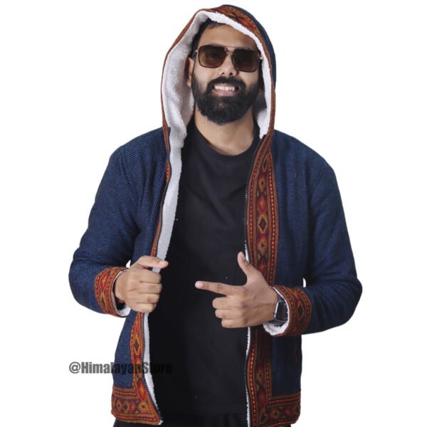 Himachali Jacket with FUR - Pahadi Zipper Hoodie - Blue - Image 5
