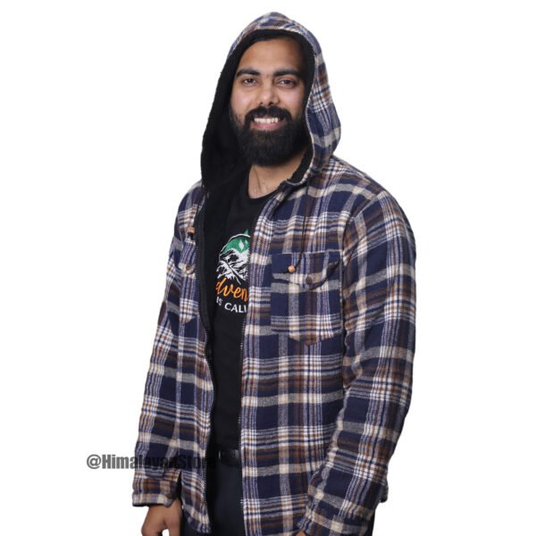 Printed Check Hoodie with Fur - Zipper Hoodie - Image 5
