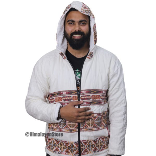 Premium Yak Wool Himachali Jacket with FUR - White Zipper Hoodie - Image 4