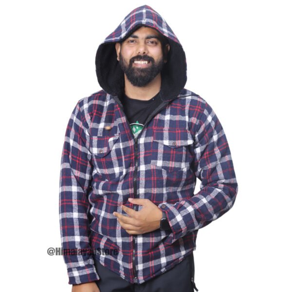 Printed Check Hoodie with Fur - Zipper Hoodie - Image 3