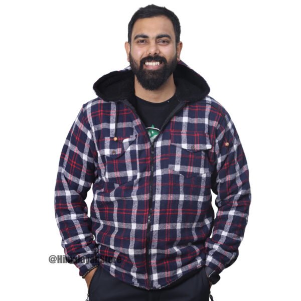 Printed Check Hoodie with Fur - Zipper Hoodie - Image 5