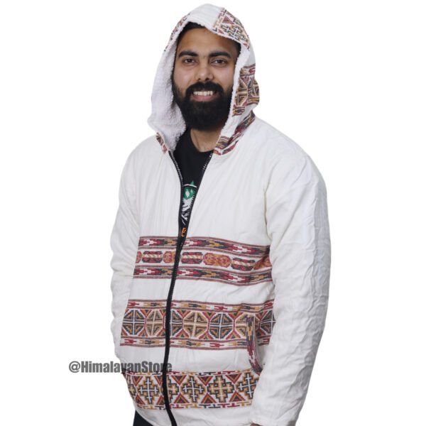 Premium Yak Wool Himachali Jacket with FUR - White Zipper Hoodie - Image 6
