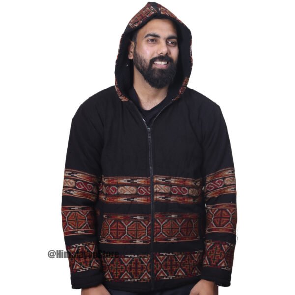Premium Yak Wool Himachali Jacket with FUR - Black Zipper Hoodie - Image 4