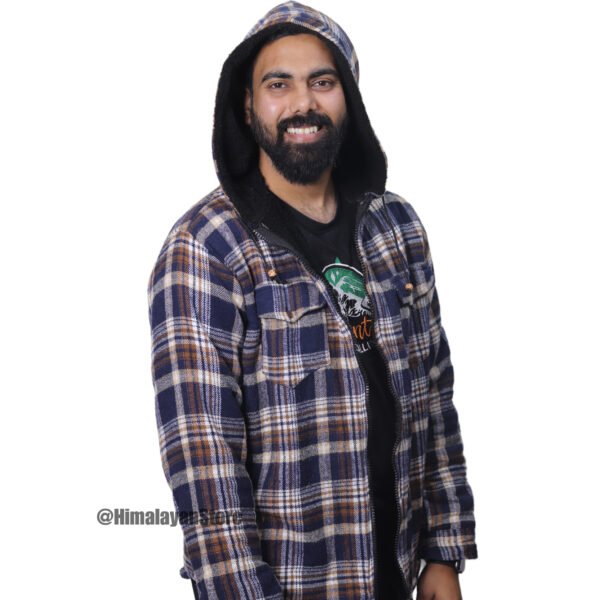 Printed Check Hoodie with Fur - Zipper Hoodie - Image 4