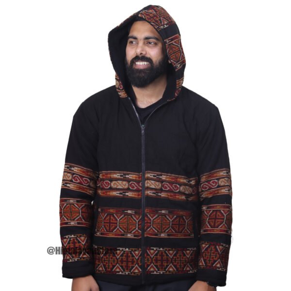 Premium Yak Wool Himachali Jacket with FUR - Black Zipper Hoodie - Image 3