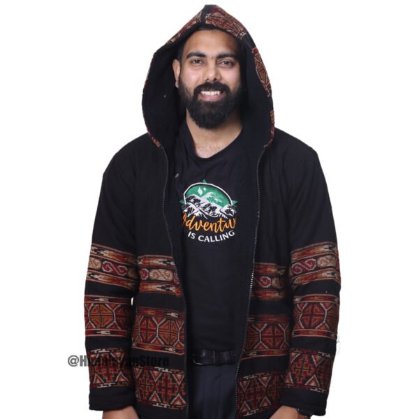 Premium Yak Wool Himachali Jacket with FUR - Black Zipper Hoodie - Image 6