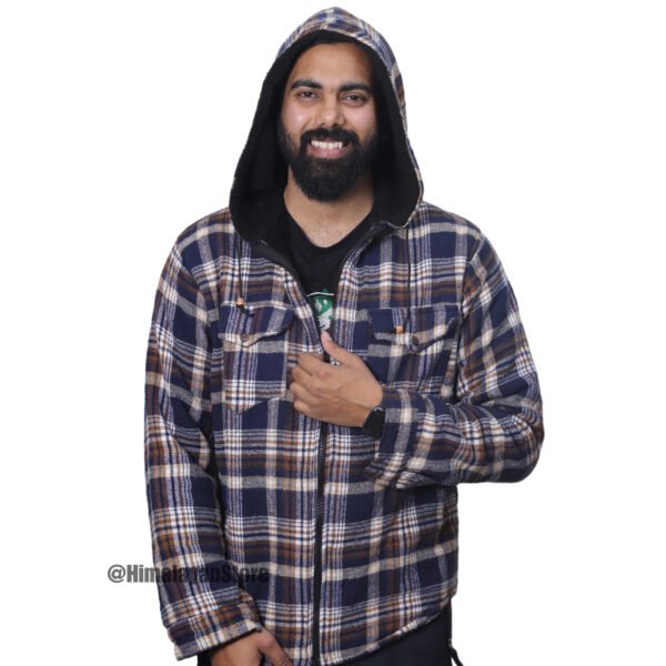 Printed Check Hoodie with Fur - Zipper Hoodie - Image 3