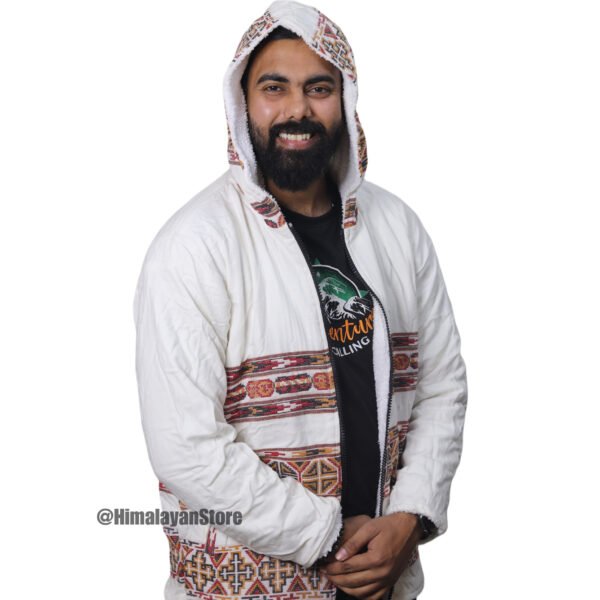 Premium Yak Wool Himachali Jacket with FUR - White Zipper Hoodie - Image 3