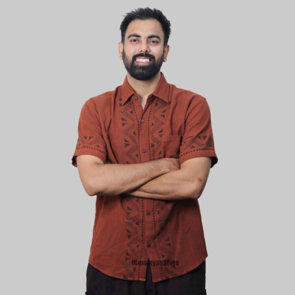 Linen Shirt with Hand Block Prints - Reddish Brown - Image 2