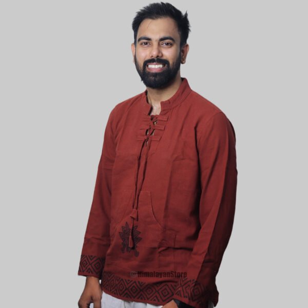 Linen Kurta with Hand Block Prints - Maroon - Image 6