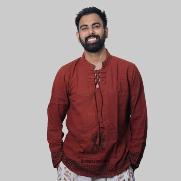 Linen Kurta with Hand Block Prints - Maroon - Image 7