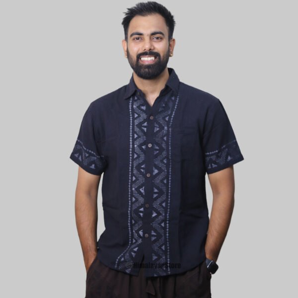 Linen Shirt with Hand Block Prints - Black - Image 8