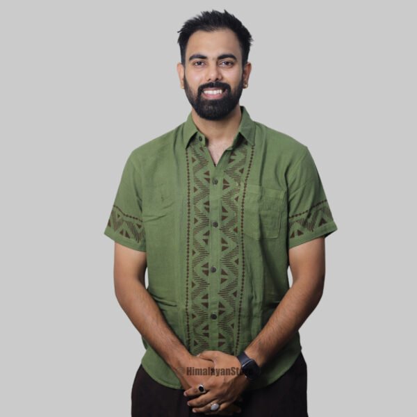 Linen Shirt with Hand Block Prints - Green - Image 2