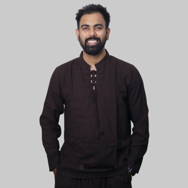 Linen Kurta with Hand Block Prints - Dark Brown - Image 9