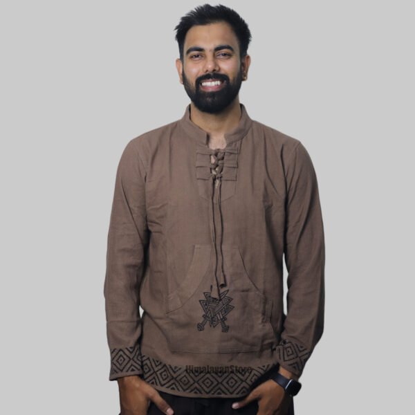 Linen Kurta with Hand Block Prints - Light Brown - Image 5