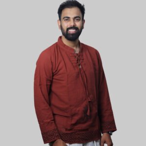 Linen Kurta with Hand Block Prints - Maroon