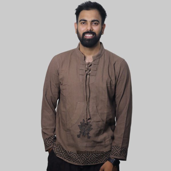 Linen Kurta with Hand Block Prints - Light Brown - Image 6