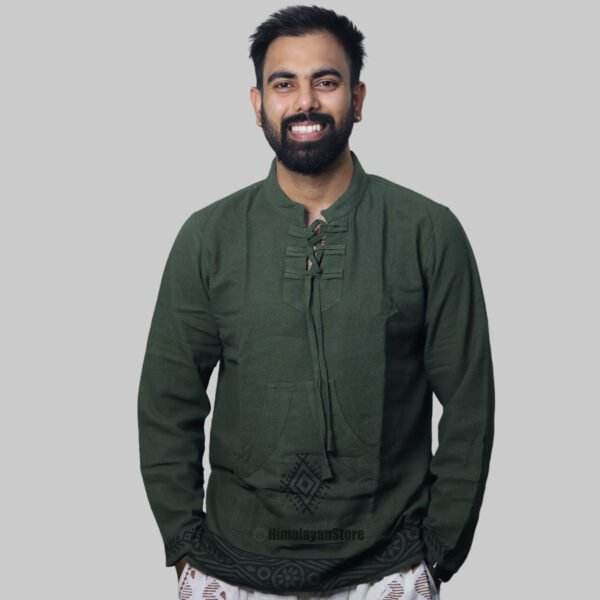 Linen Kurta with Hand Block Prints - Green - Image 3