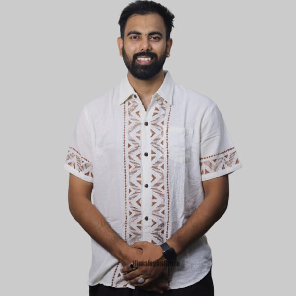 Linen Shirt with Hand Block Prints - White - Image 2