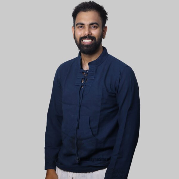Linen Kurta with Hand Block Prints - Dark Blue - Image 7