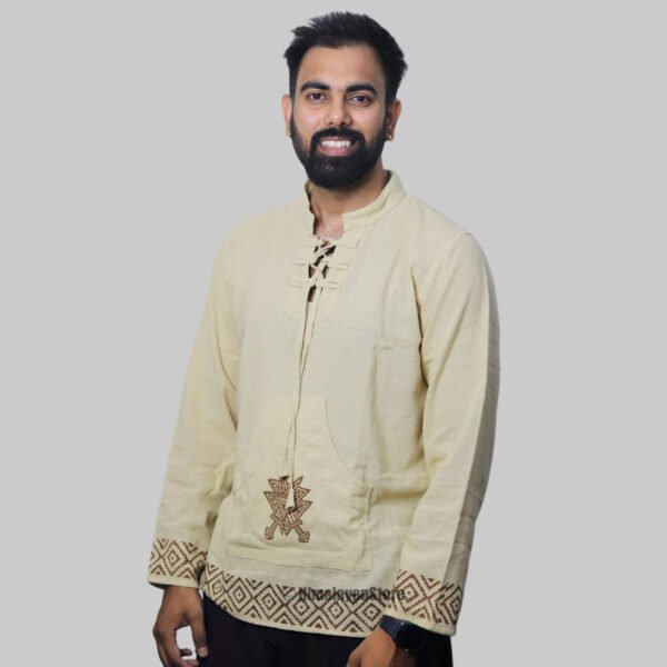 Linen Kurta with Hand Block Prints - Beige - Image 8