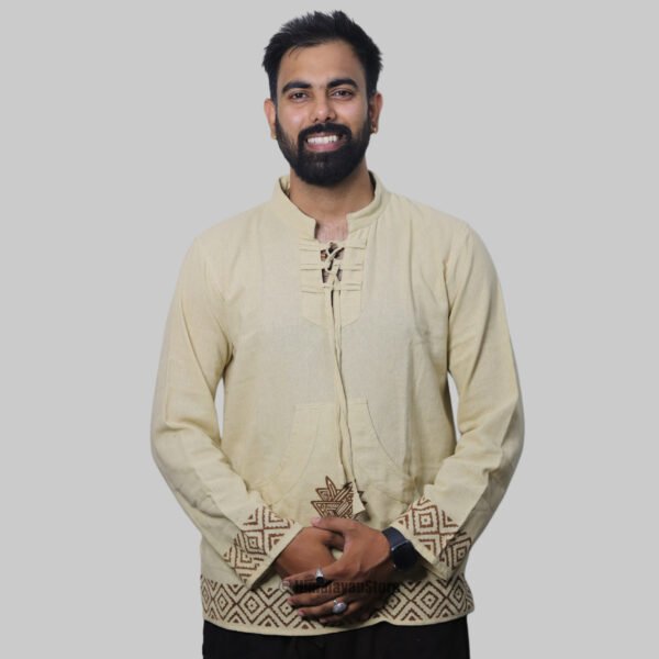 Linen Kurta with Hand Block Prints - Beige - Image 3