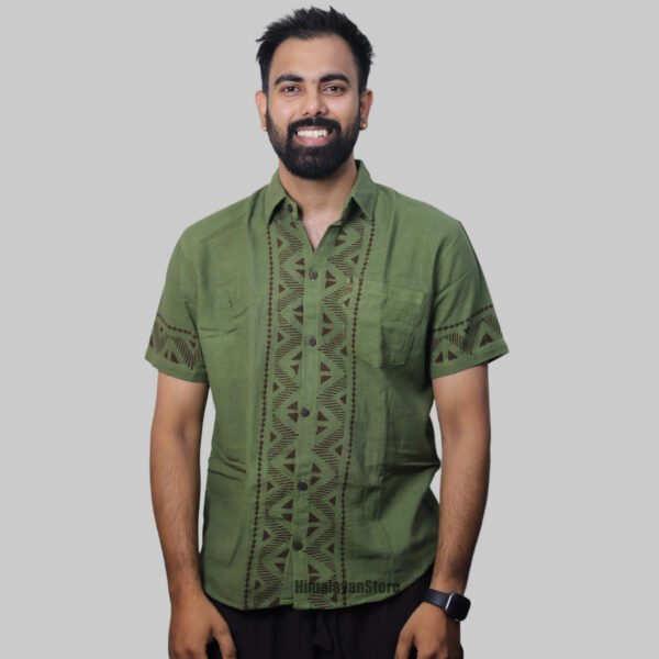 Linen Shirt with Hand Block Prints - Green - Image 5
