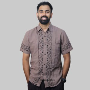 Linen Shirt with Hand Block Prints - Light Brown