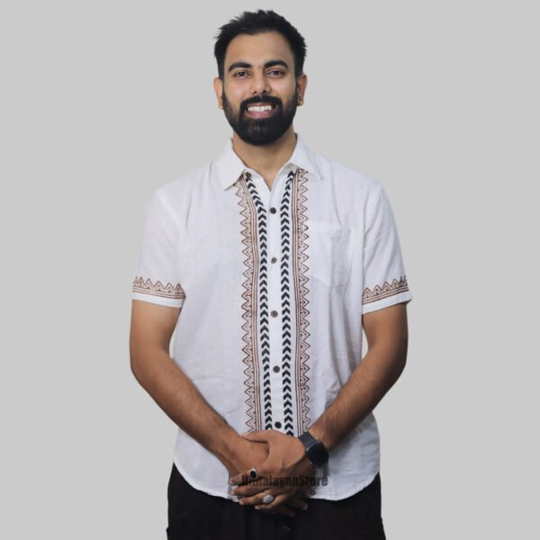 Linen Shirt with Hand Block Prints - White - Image 3