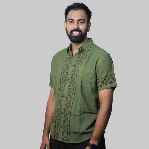 Linen Shirt with Hand Block Prints - Green - Image 3