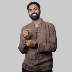 Linen Kurta with Hand Block Prints - Light Brown
